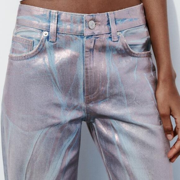 NWT PINK MID WAIST FULL LENGTH TRF FOIL JEANS - Picture 6 of 15